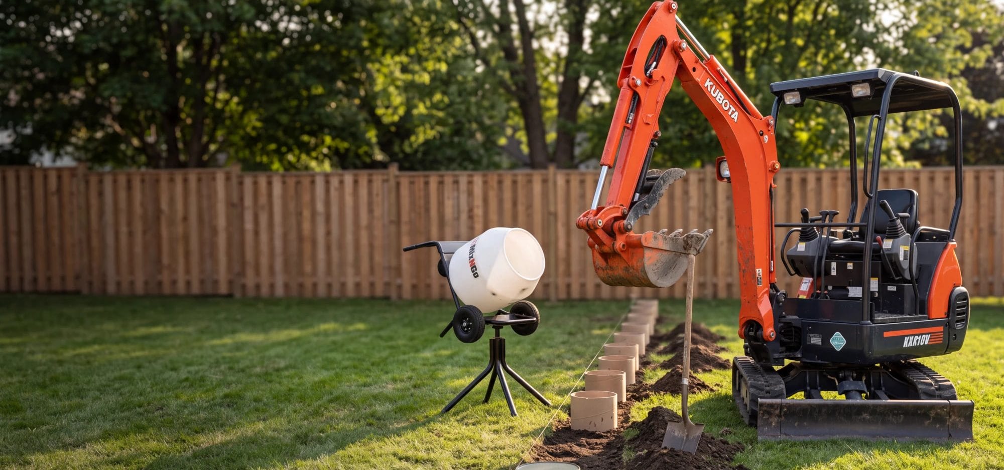 Mini excavator and concrete mixer for rent
